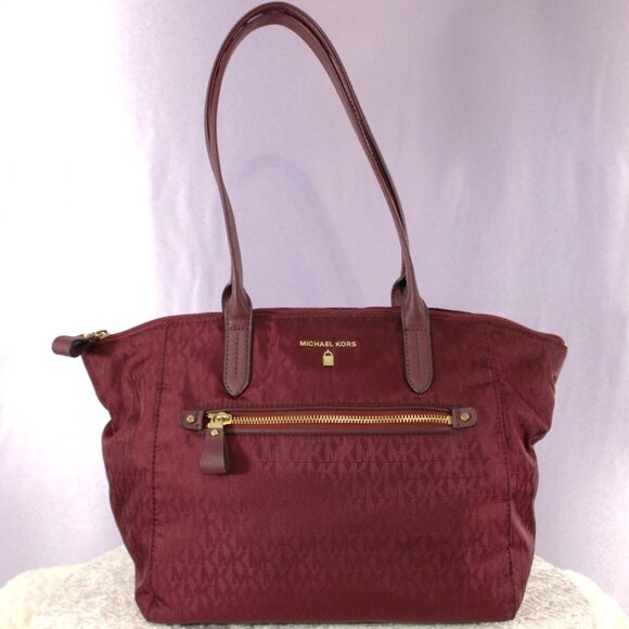 Michael Kors Jet Set Burgundy Nylon Tote Bag Leather Trim Travel Carry-On Sleeve - Picture 1 of 9